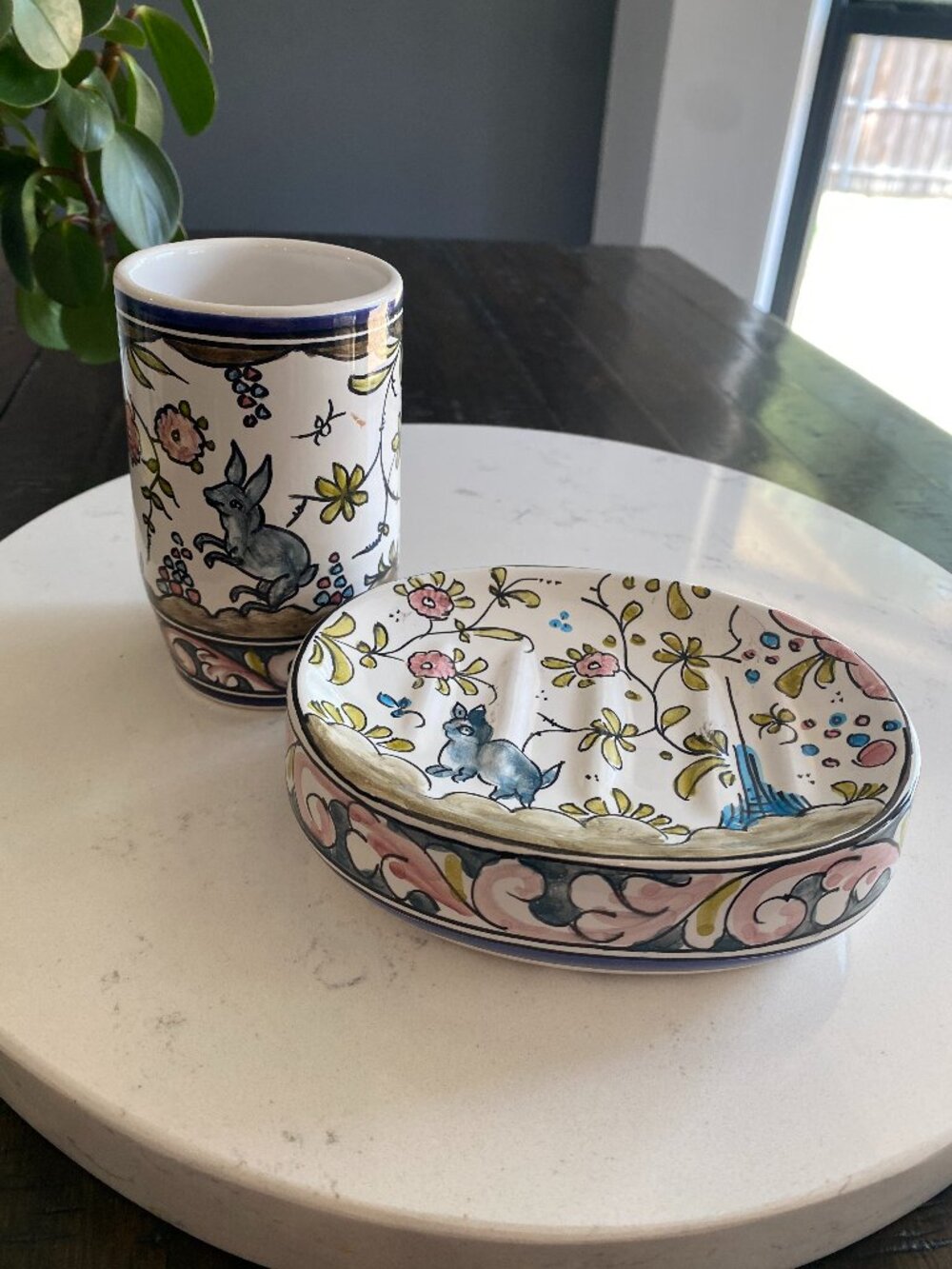Berardos Portugal Hand Painted Bathroom Set Tumbler Soap Dish Rabbit Floral